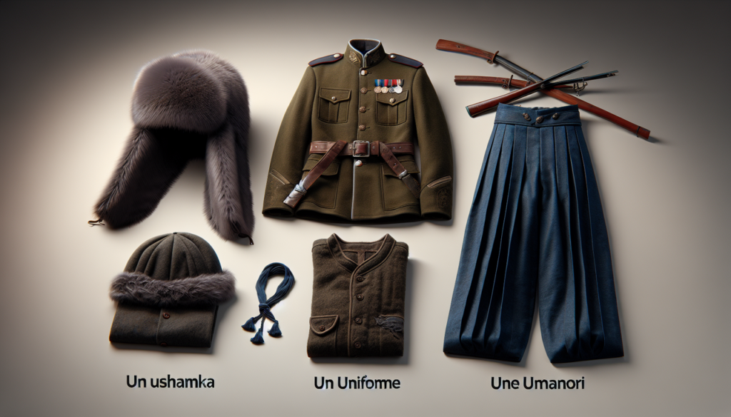 Vêtements en U variés : ushanka gris, uniforme vert olive, umanori bleu indigo.