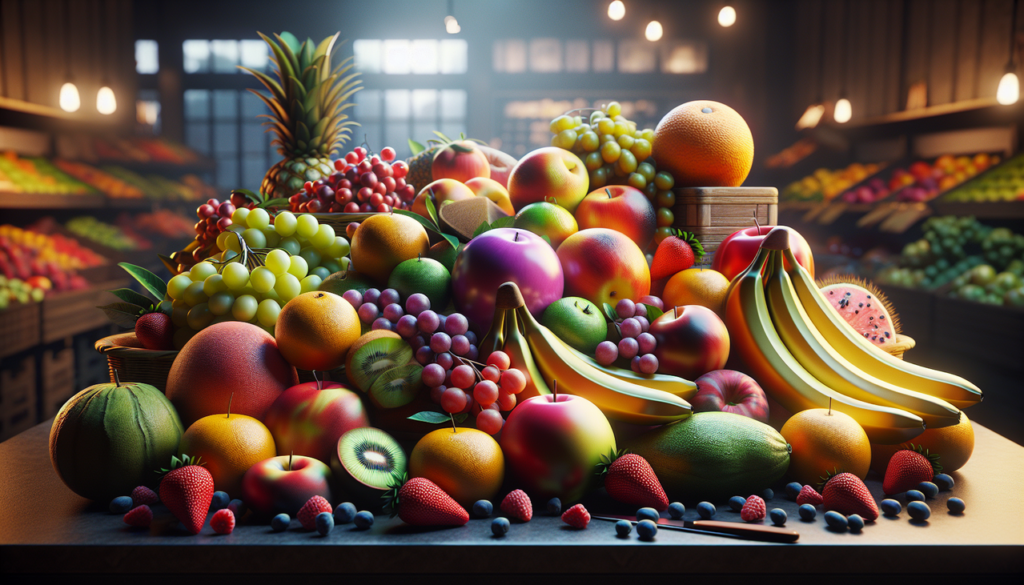 Vêtements en V tendance marché fruits variés frais couleurs et textures riches, éclairage naturel.