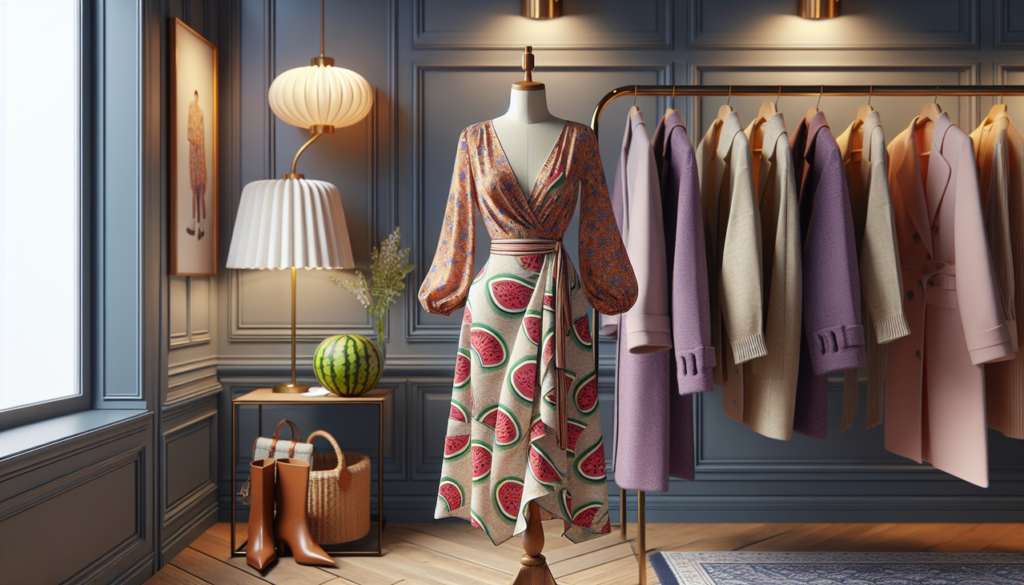 Vêtement en W : Watermelon wrap dress, wisteria wool coat, walnut waders, ambiance boutique haut de gamme.