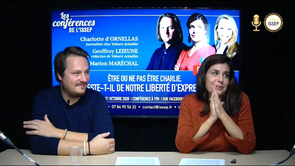 Charlotte d'Ornellas et Geoffroy Lejeune ensemble lors d'une conférence devant des étudiants de l'ISSEP