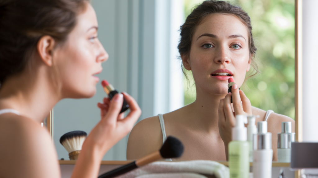 femme appliquant du rouge à lèvres rouge de façon naturelle devant un miroir, peau réaliste et lumière du jour