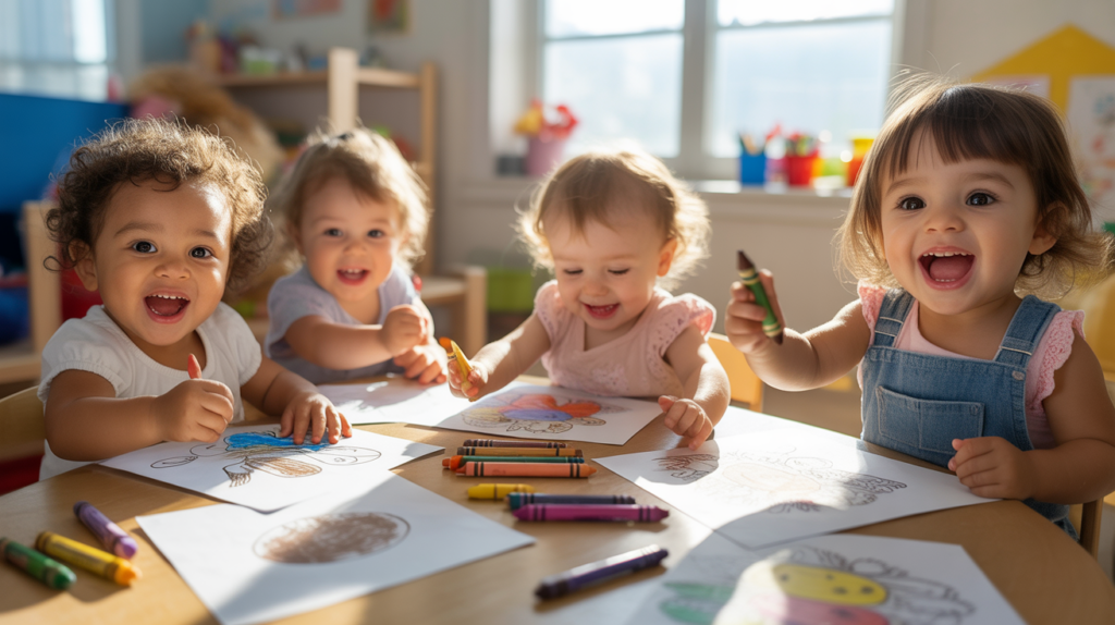 Des enfants de trois ans qui colorient ensemble à une table, dans une salle lumineuse et naturelle, entourés de crayons et de feuilles colorées, ambiance joyeuse et réaliste.