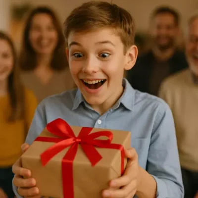 ado de 13 ans avec son cadeau d'anniversaire